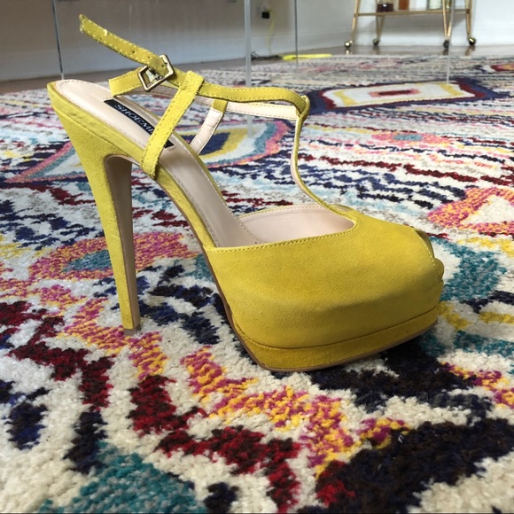 Mustard Peep Toe T-Strap Heels - Picture 6 of 8